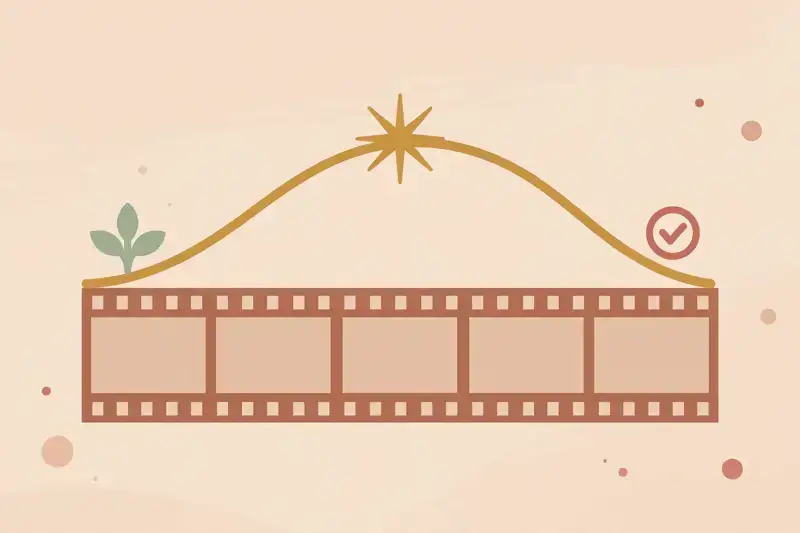 A story arc curve rising and falling across a film strip