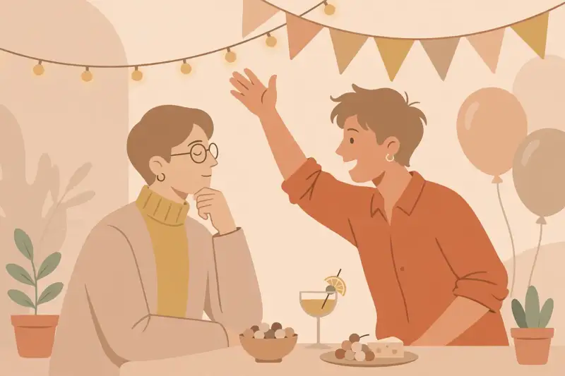 One person listening with full attention while another talks animatedly at a party