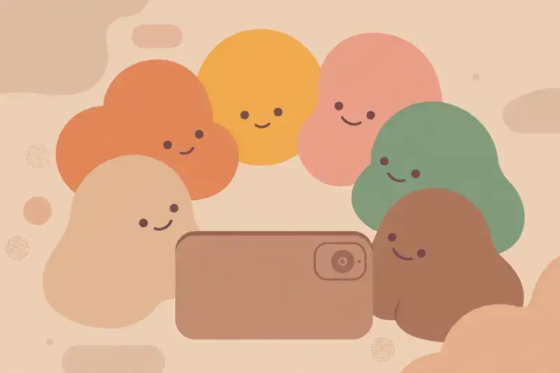 A small crowd of shapes gathered warmly around a smartphone camera