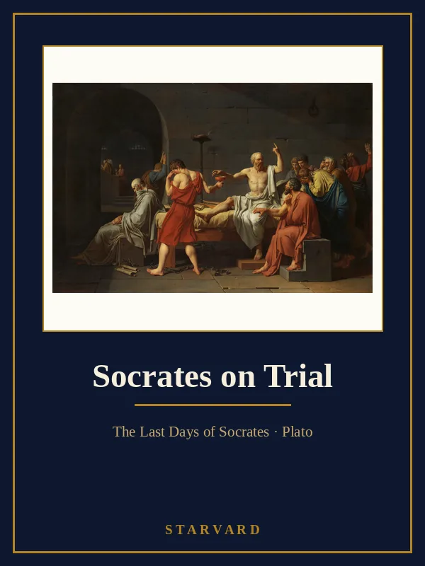 Course cover for Socrates on Trial in Starvard's navy and gold library style, with Jacques-Louis David's painting The Death of Socrates.