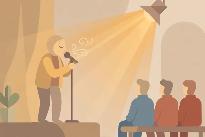 A speaker taking a breath at a microphone before a small audience