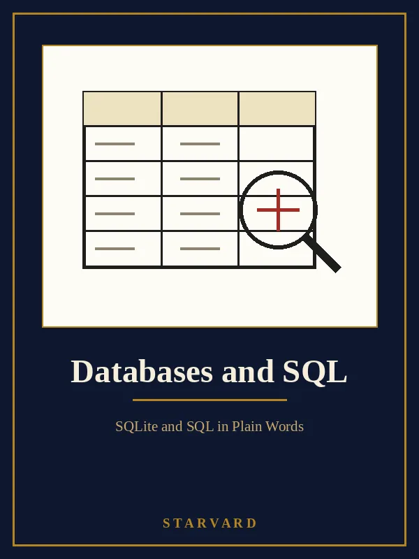 A neat table of rows and columns with a magnifying glass over one row, bold and simple on a cream panel above the course title.