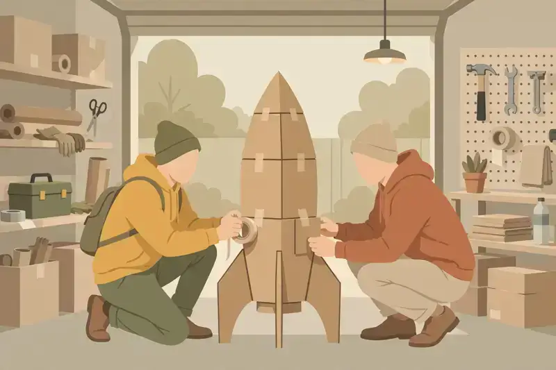 Two founders building a small rocket from boxes in a garage