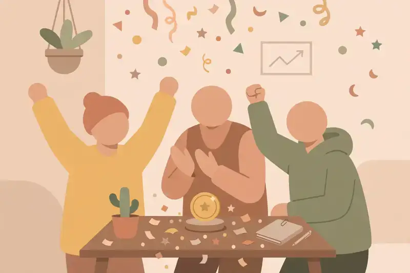 A small team celebrating a tiny first sale with confetti