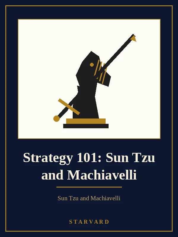 A crossed sword and a chess knight standing side by side, drawn in black and gold lines on a cream panel above the course title.