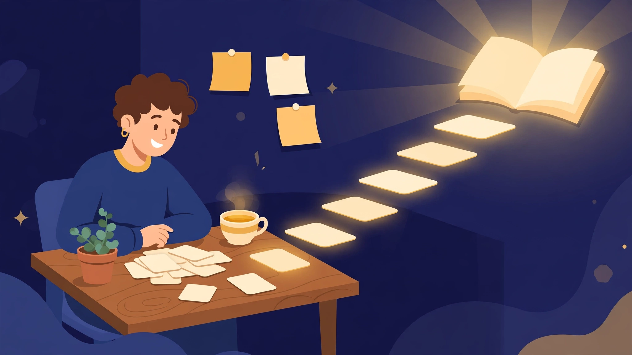 A student studying with flashcards that rise like glowing steps toward an open book
