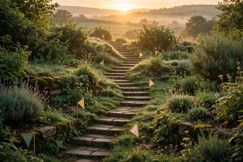 A long staircase of small stone steps rising through a garden toward a golden sunrise