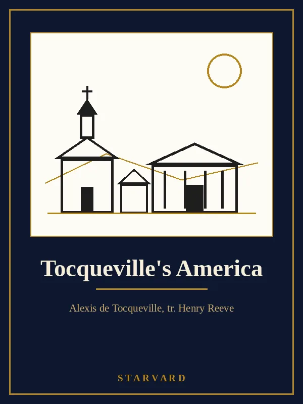 A young French traveler in an 1830s coat standing on a hill above a small American town with a church steeple, a town hall, and a river, drawn in black and gold lines on a cream panel above the course title.