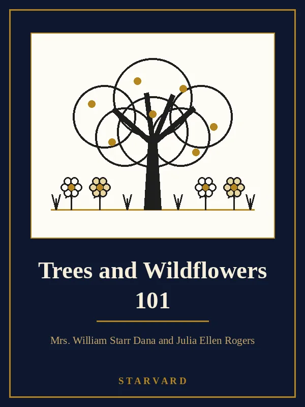 A tall leafy tree with a round green canopy beside a small patch of white, yellow, and purple wildflowers, drawn in black and gold lines on a cream panel above the course title.