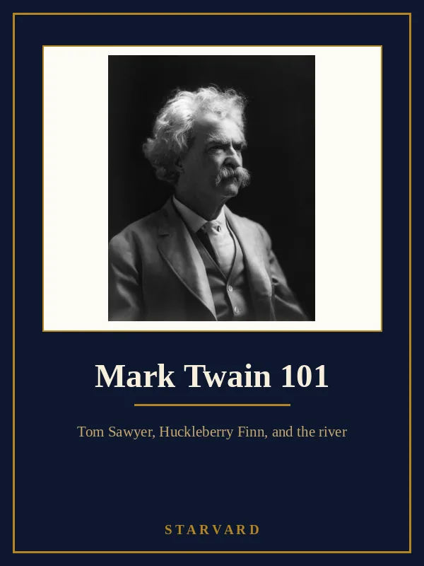 A black and white portrait photograph of Mark Twain in old age, with wild white hair and a large mustache, in a light suit against a dark background.