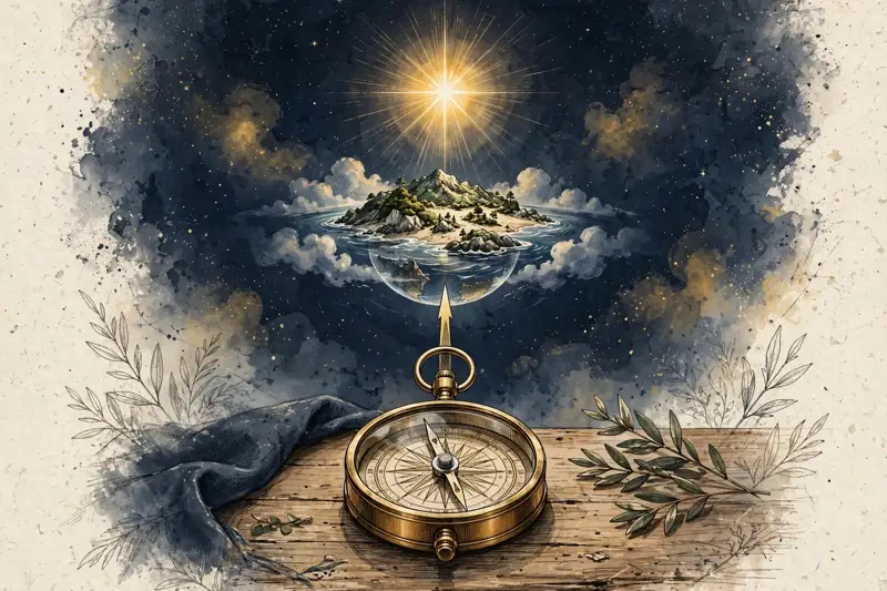A compass pointing at a bright star over an island