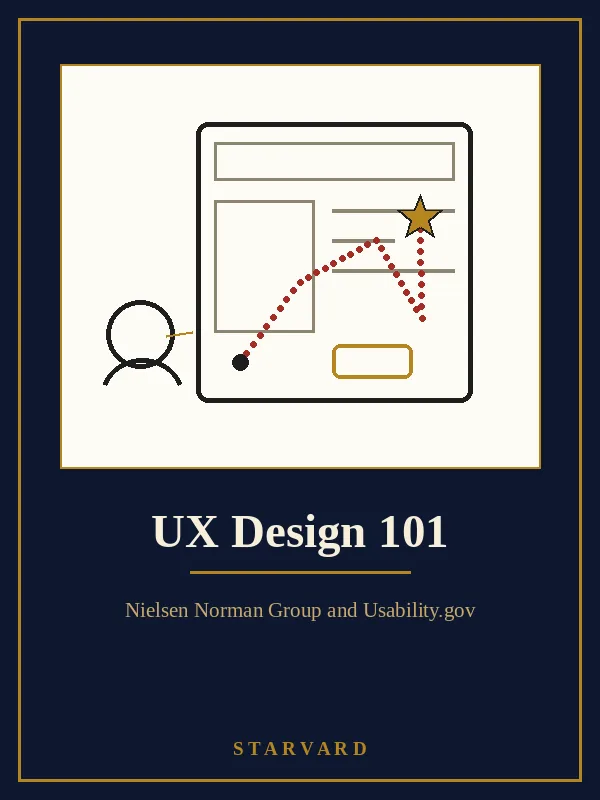 An app wireframe screen with a dotted path crossing it to a gold star, a simple head silhouette looking at it, bold and simple on a cream panel above the course title.