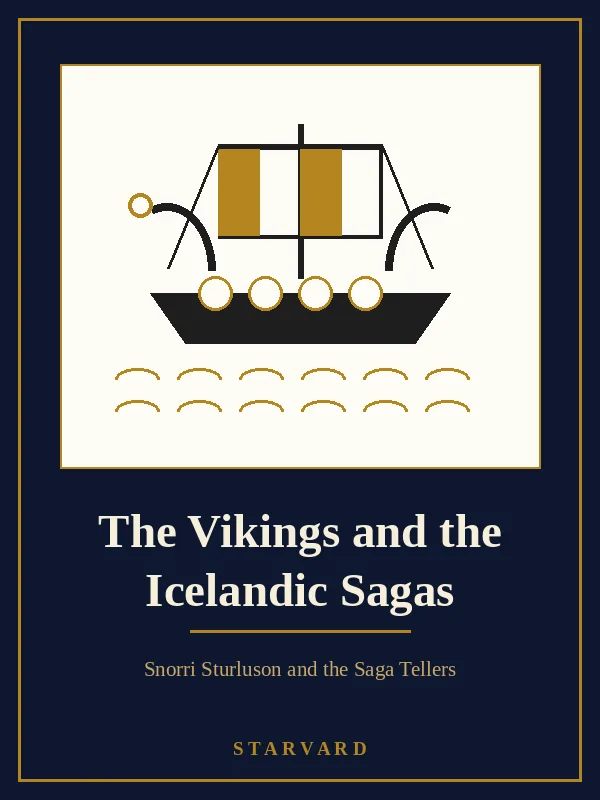 A Viking longship with a striped square sail and a curved dragon prow sailing on gold waves, drawn in black and gold lines on a cream panel above the course title.