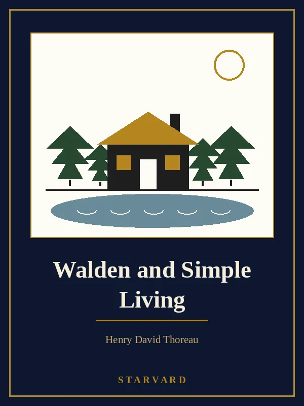 A small dark cabin with a gold roof beside a blue pond, pine trees behind it and a gold sun above, drawn in black, gold, and green lines on a cream panel above the course title.