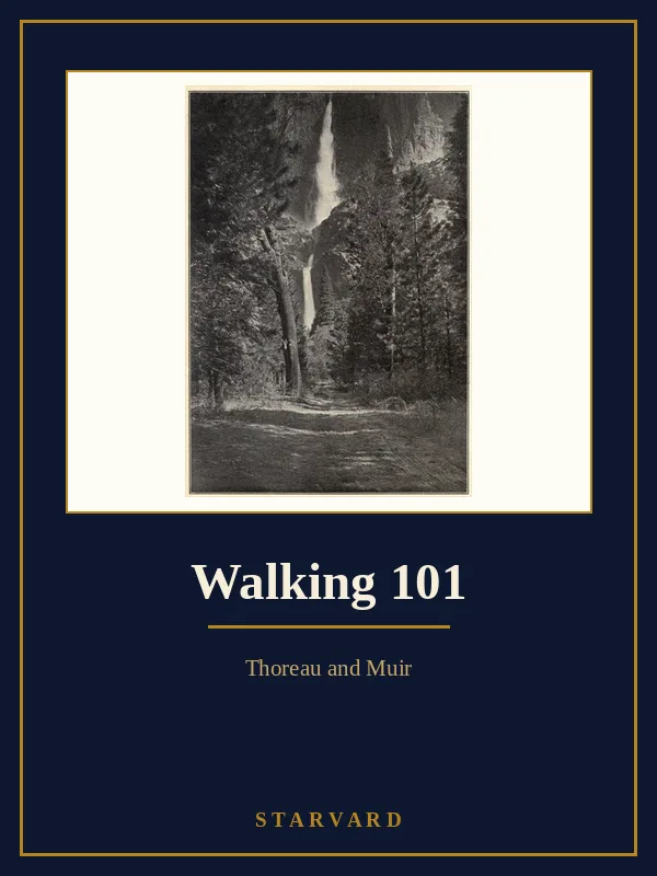 Course cover for Walking 101 in Starvard's navy and gold library style, with a framed period photograph of Yosemite Falls from John Muir's My First Summer in the Sierra.