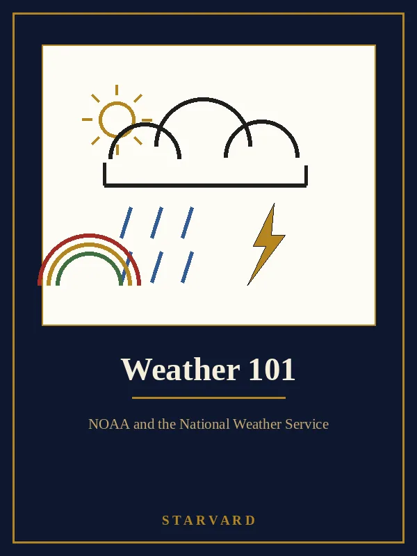 A sun behind a cloud with rain lines, a lightning bolt, and a small rainbow, bold and simple on a cream panel above the course title.