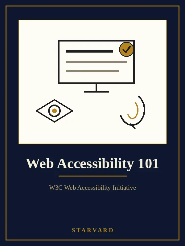 A computer monitor showing a page with large text lines, an eye and an ear glyph on either side, and a gold check badge, bold and simple on a cream panel above the course title.