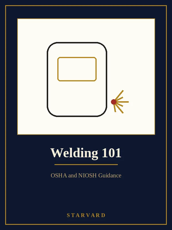 A welding helmet and crossed torches, bold and simple on a cream panel above the course title, with small gold lines around the helmet.