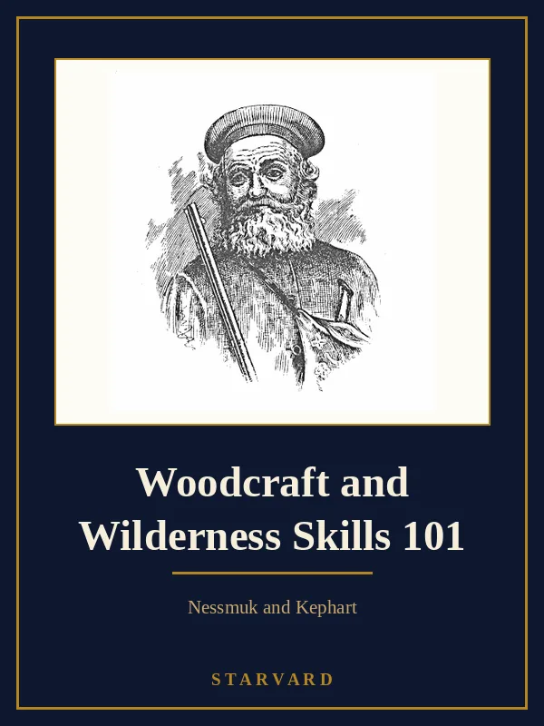 A vintage engraving style cover showing an open shanty tent with a small bright camp fire in front, a knapsack, a pocket axe, and a sheath knife, beneath tall hemlock trees.