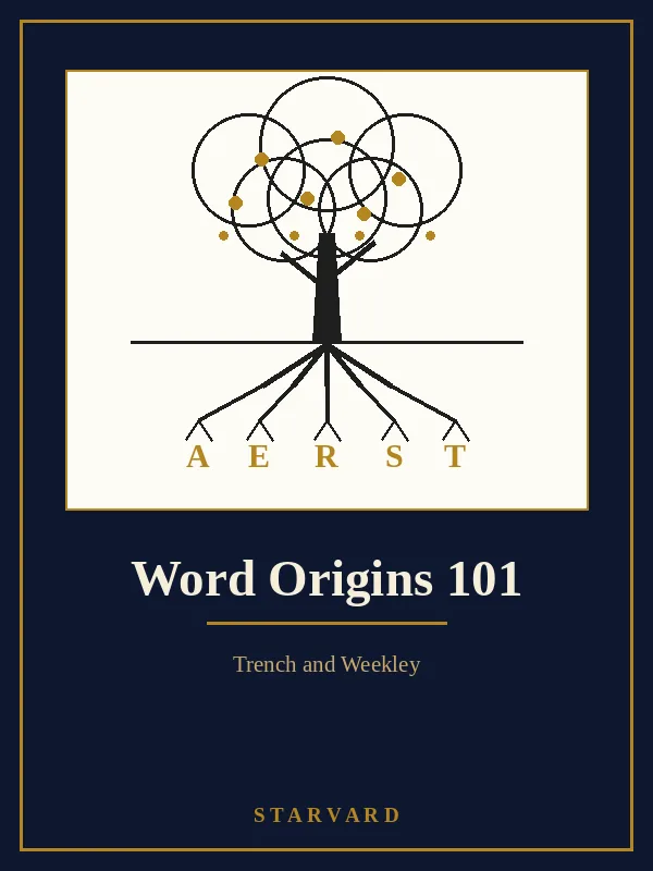 A great tree whose spreading roots are shaped like letters of the alphabet, drawn in black and gold lines on a cream panel above the course title.