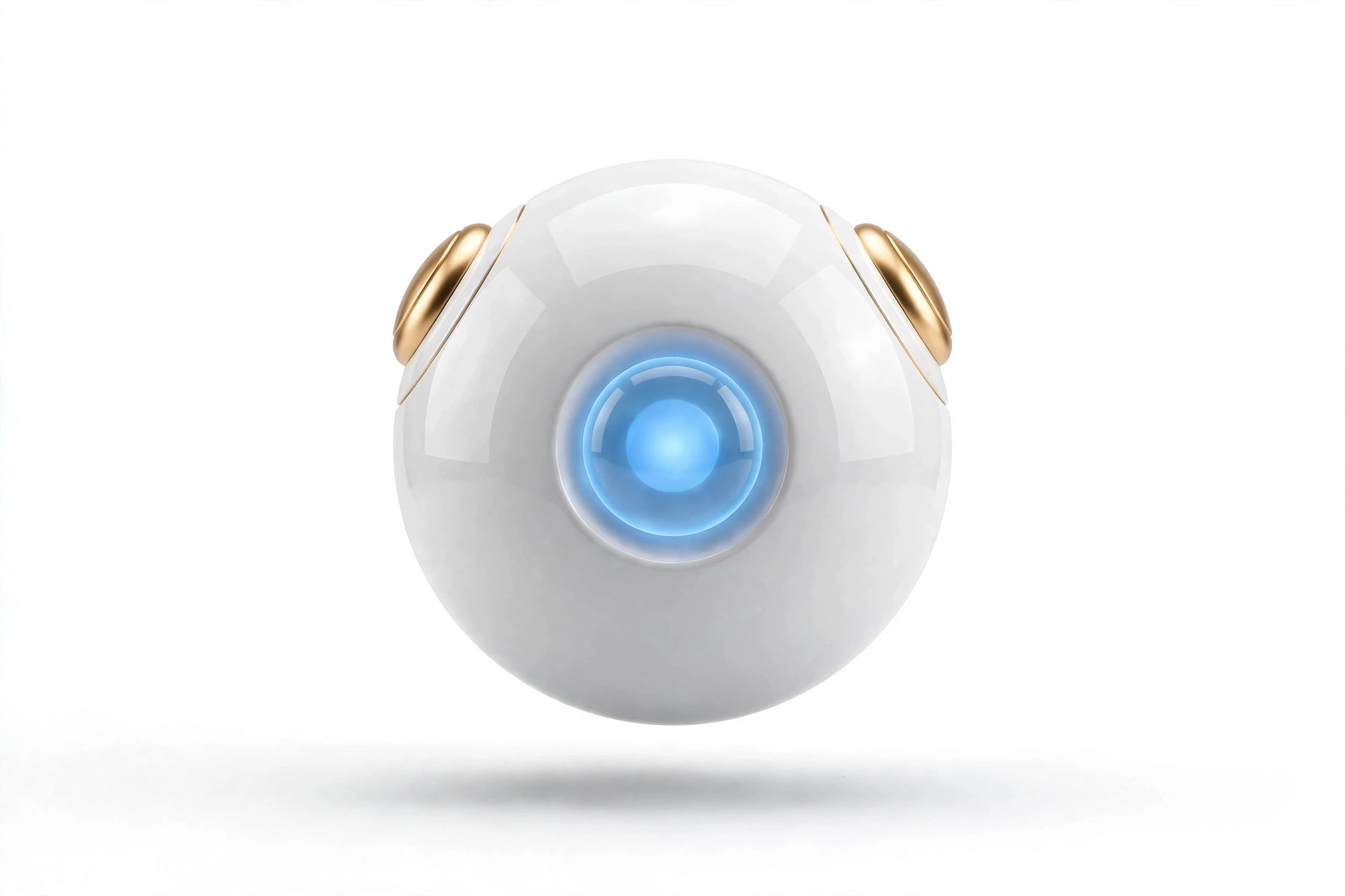 A minimal 3D AI orb: glossy white with gold accents and a glowing blue core