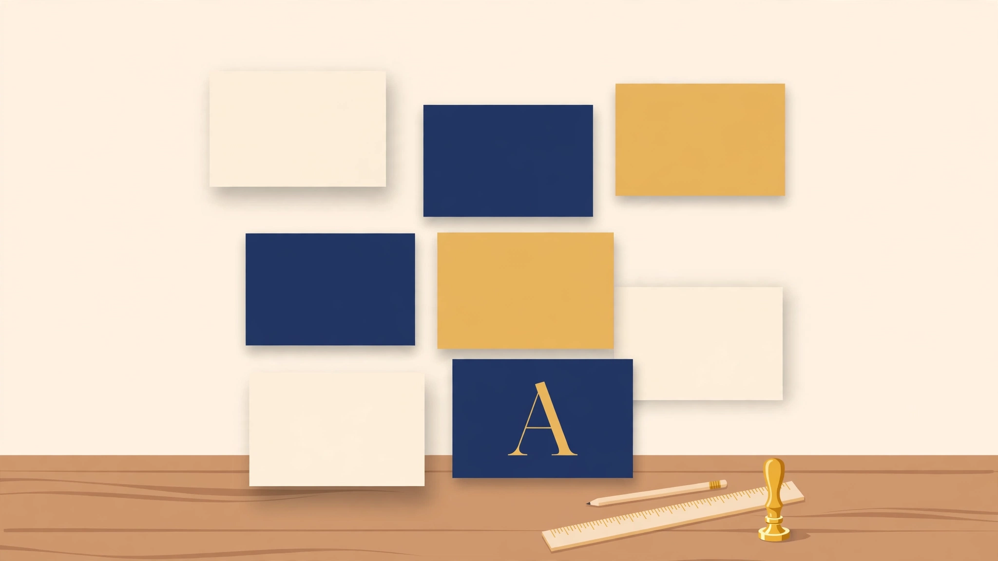 Panels of navy, gold, and ivory being arranged into a neat grid on a workbench, with a ruler, a pencil, and a golden seal