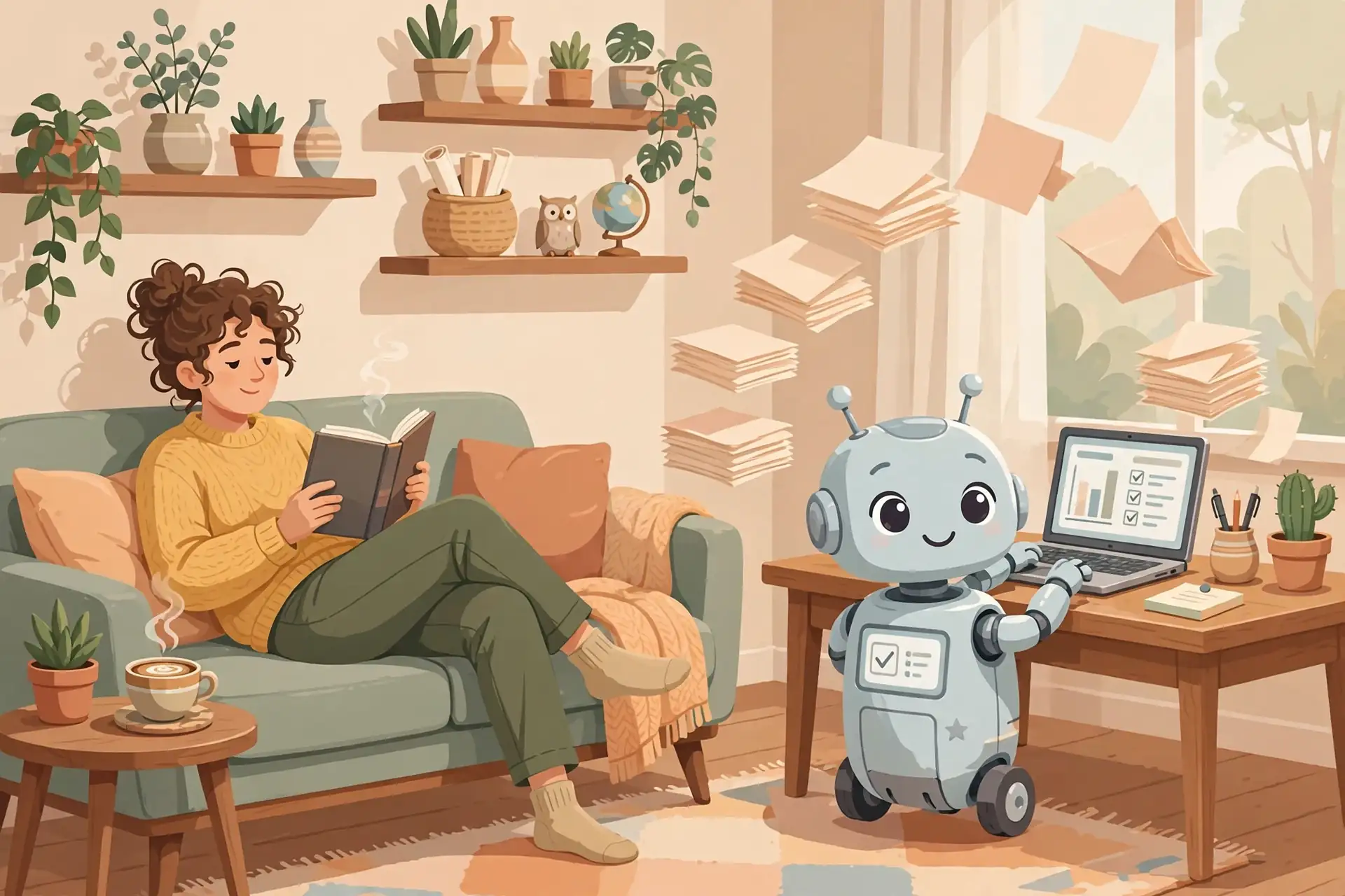 A person relaxing while a robot helper works